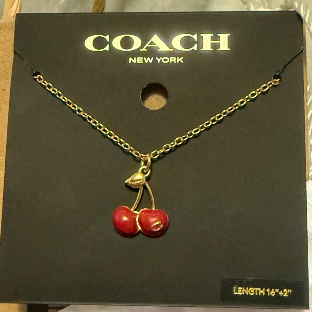 COACH Gold-Tone Cherry Pendant Necklace with Red Enamel